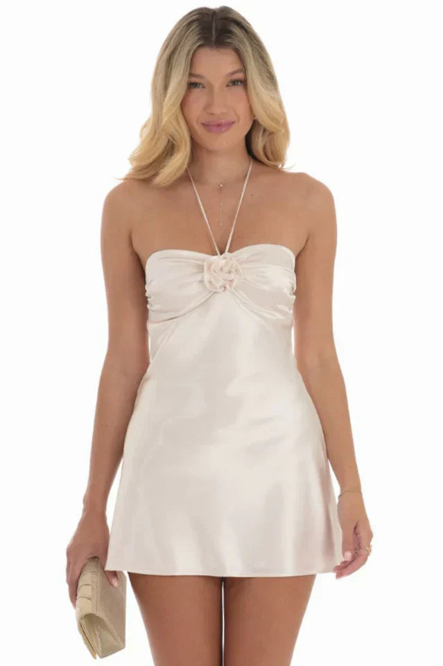 Flower Satin Halter Dress