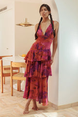 Veda Strappy Back Ruffle Midi Dress Dark Rose