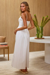 Enchanted Leaf Shirred Bodice Maxi Dress White